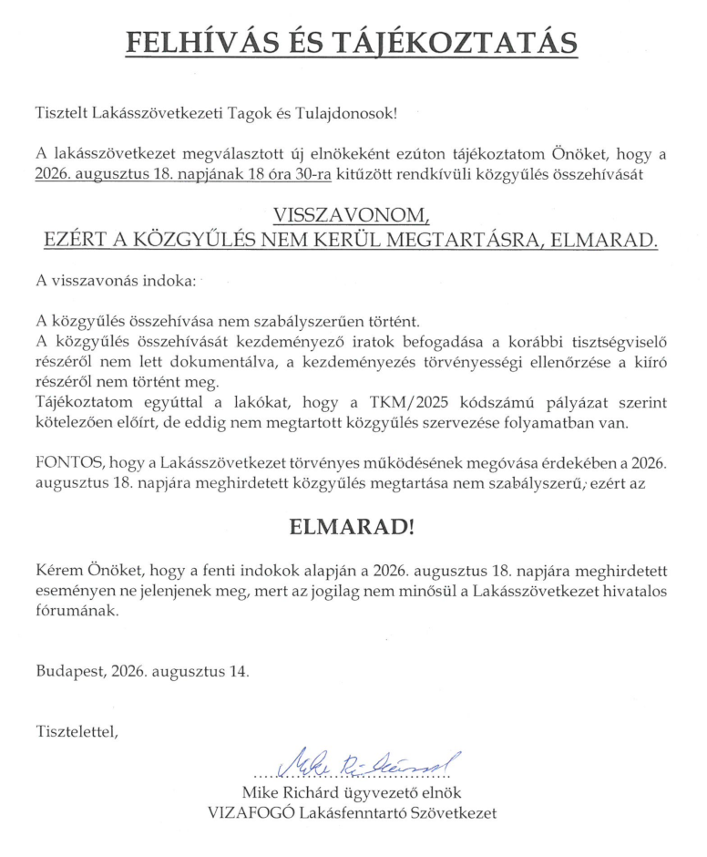 Felhívás és tájékoztatás