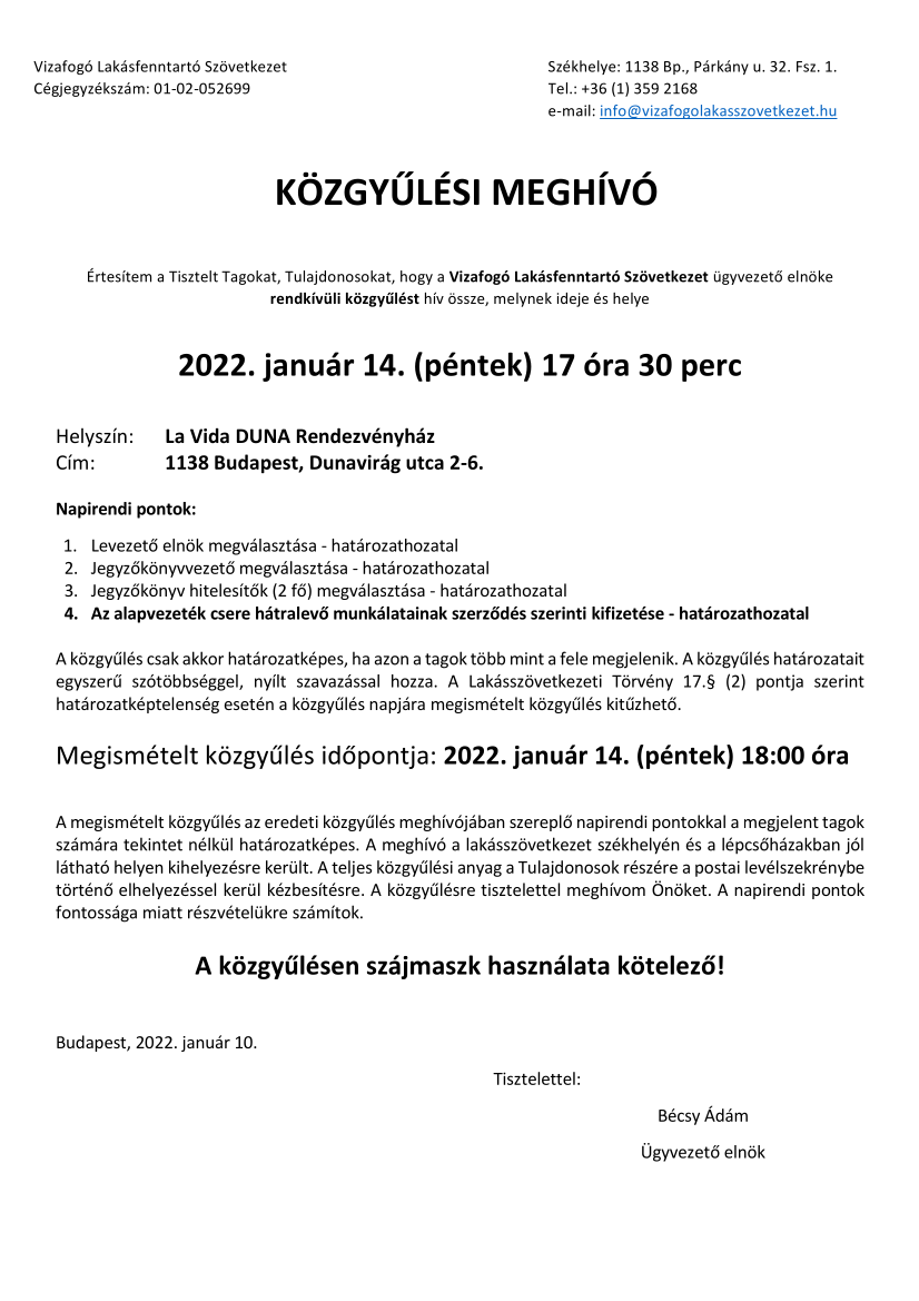 Rendkívüli közgyűlés 2022. január 14-én.