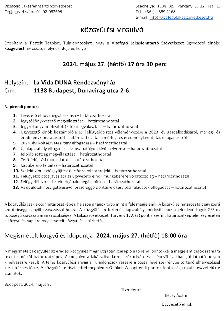 Közgyűlési meghívó 2024. 05. 27.